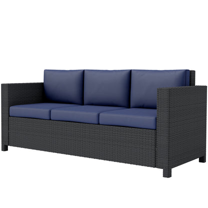 Canapé 3 places en rotin et osier, mobilier de jardin extérieur avec coussin, bleu marine
