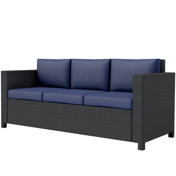 Canapé 3 places en rotin et osier, mobilier de jardin extérieur avec coussin, bleu marine