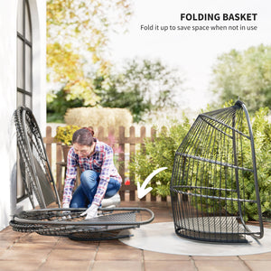 Hanging Egg Chair, Foldable Rattan Garden Swing Chair with Installation Kit, Thickened Cushion and Headrest, Dark Grey