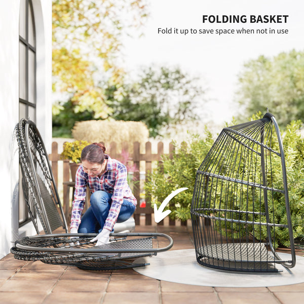 Hanging Egg Chair, Foldable Rattan Garden Swing Chair with Installation Kit, Thickened Cushion and Headrest, Dark Grey