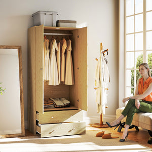 Armoire penderie moderne avec 2 tiroirs et tringle de suspension, bois naturel
