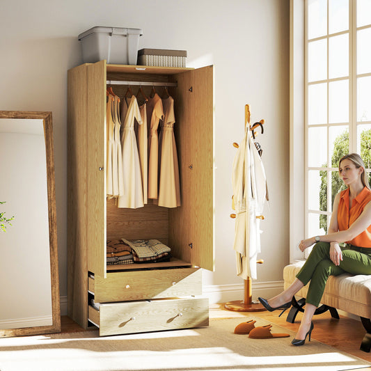 Armoire penderie moderne avec 2 tiroirs et tringle de suspension, bois naturel