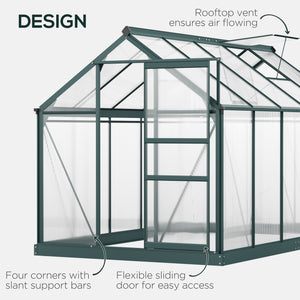 Green polycarbonate greenhouse with gutter, vents and sliding door