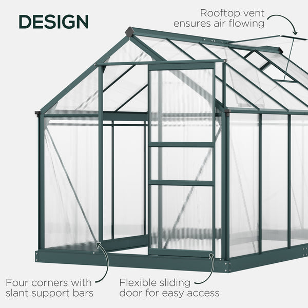 Green polycarbonate greenhouse with gutter, vents and sliding door
