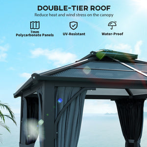 10' x 10' Hardtop Gazebo with 7mm Double Polycarbonate Roof, Outdoor Gazebo with Netting and Curtains, Dark Grey