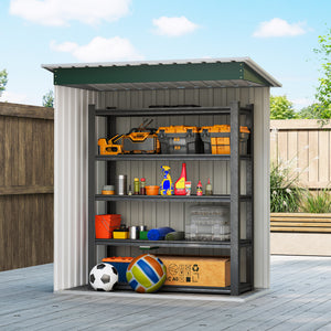 Abri de jardin avec porte coulissante et toit incliné, structure en acier, vert
