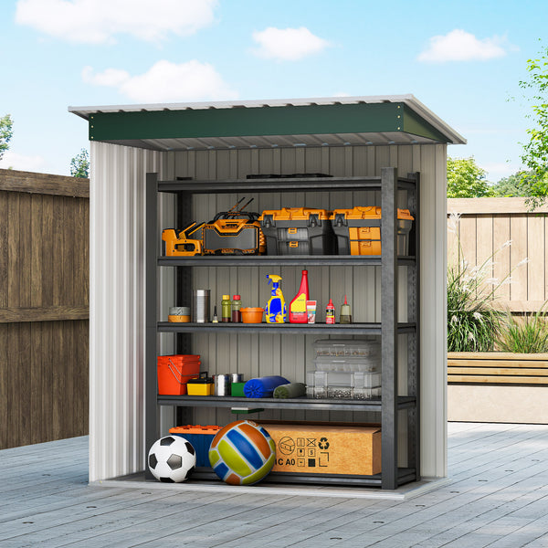 Abri de jardin avec porte coulissante et toit incliné, structure en acier, vert