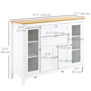 Buffet avec 2 tiroirs, 3 placards, portes vitrées et étagères réglables, blanc