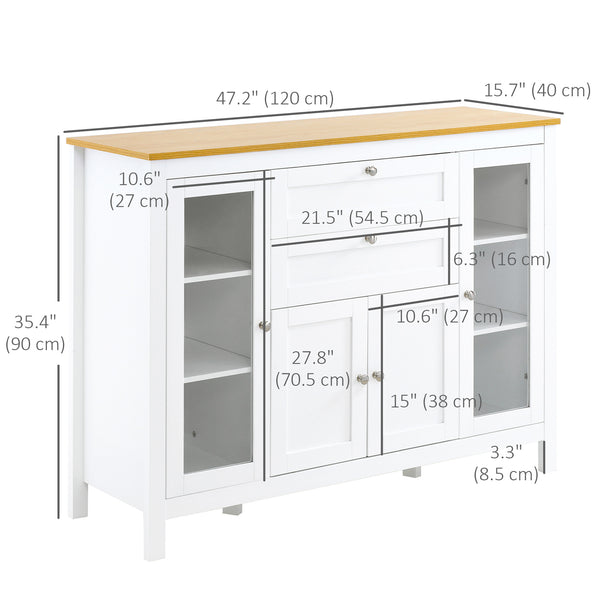 Buffet avec 2 tiroirs, 3 placards, portes vitrées et étagères réglables, blanc