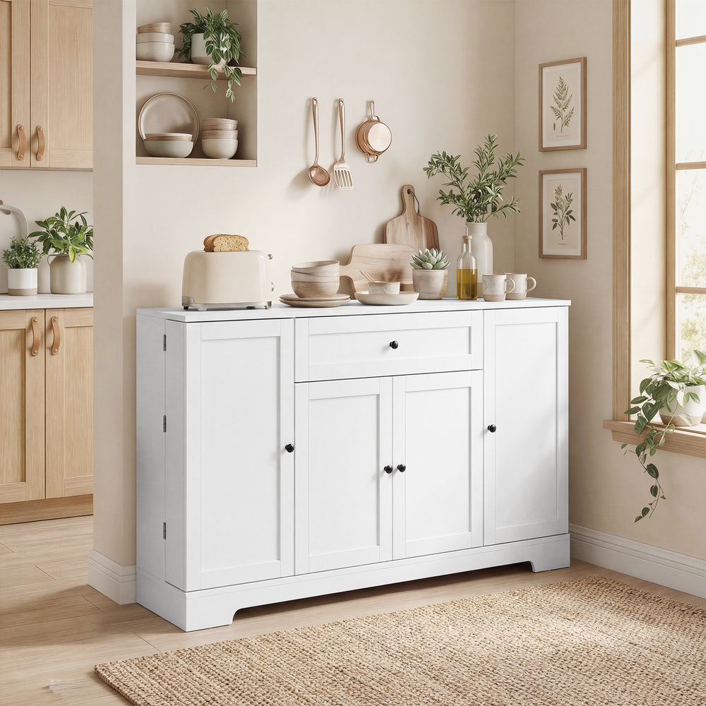 Meuble de rangement de cuisine moderne avec tiroir, étagères réglables avec supports de porte, blanc