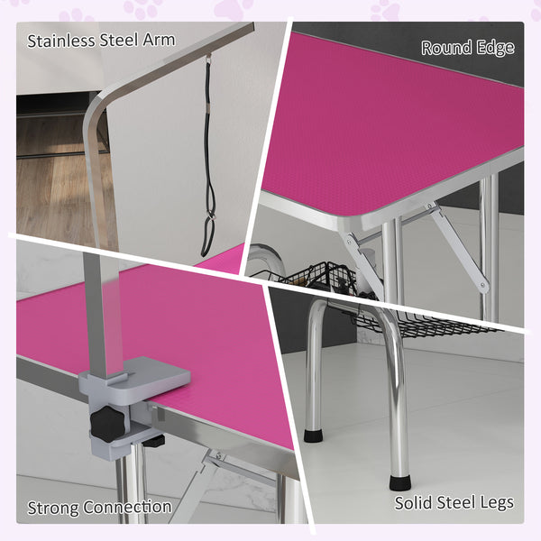 Foldable Grooming Table with Height Adjustable Grooming Arm and Storage Shelf, Pink