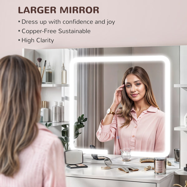 Coiffeuse avec miroir et éclairage, 7 tiroirs et 8 étagères, blanche