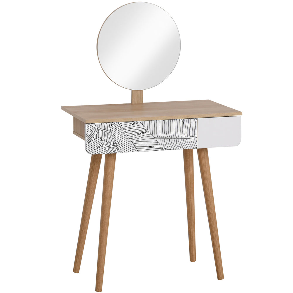 Coiffeuse avec tiroir et miroir réglable en hauteur, pieds en bois, chêne
