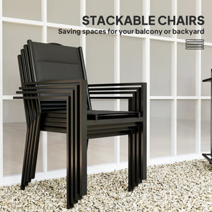 Ensemble de salle à manger d'extérieur 5 pièces avec 4 chaises empilables, table rectangulaire, plateau en verre trempé, structure en acier, noir
