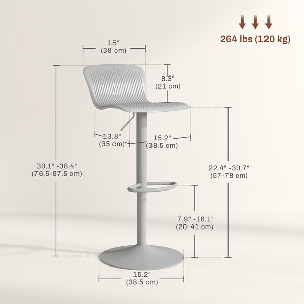 Lot de 2 tabourets de bar pivotants en polypropylène, hauteur réglable, repose-pieds et dossier, gris