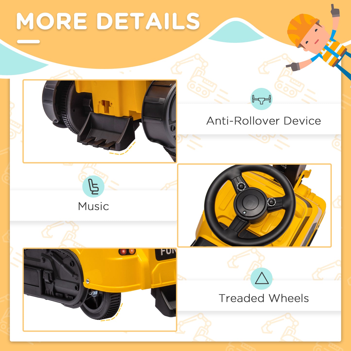 3 in 1 Excavator Bulldozer Rolling Compactor with Music, for 18-48 Months, Yellow