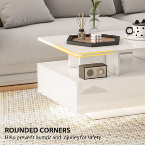 Table basse avec éclairage LED RVB avec 4 tiroirs, étagère ouverte, télécommande, blanc brillant