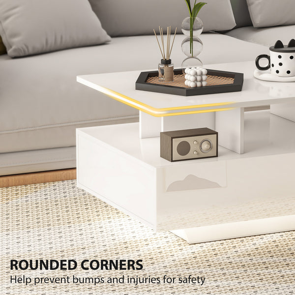 Table basse avec éclairage LED RVB avec 4 tiroirs, étagère ouverte, télécommande, blanc brillant