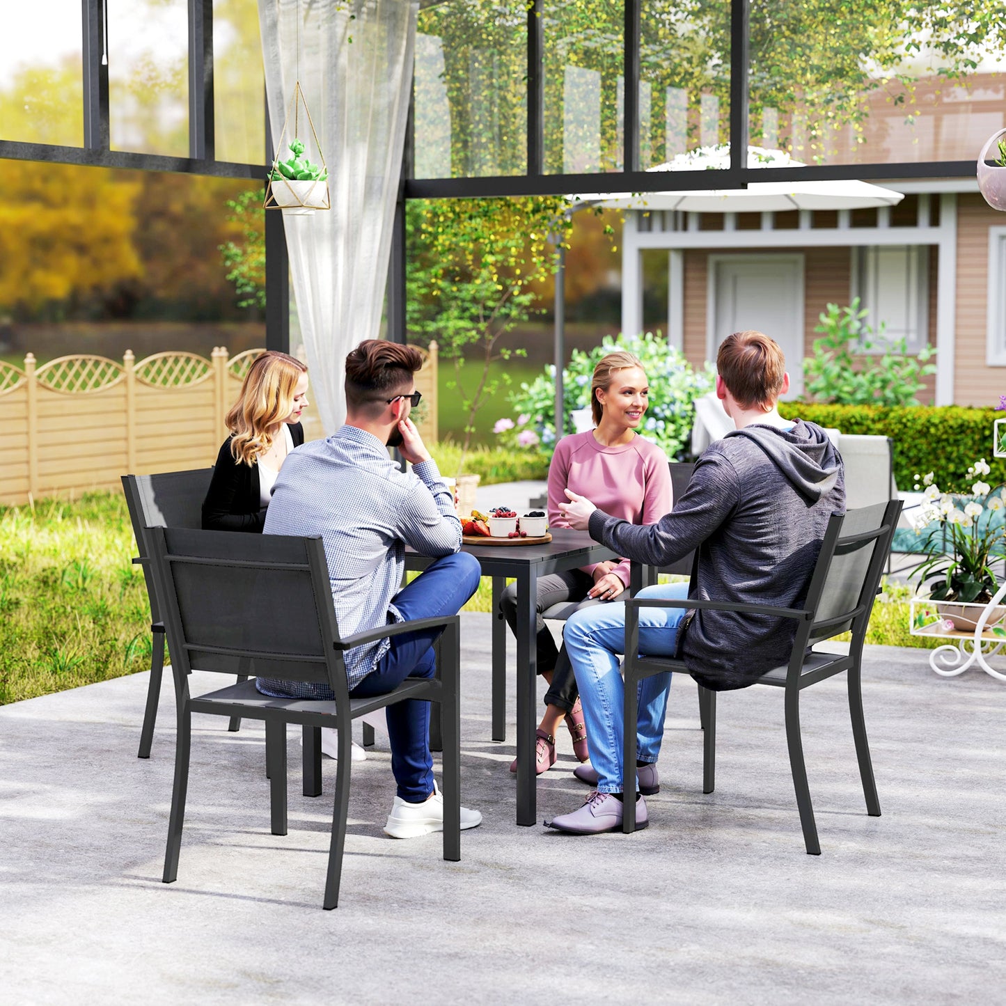 Outsunny Square Outdoor Dining Table for 4 People with Steel and Aluminum Frame, Black