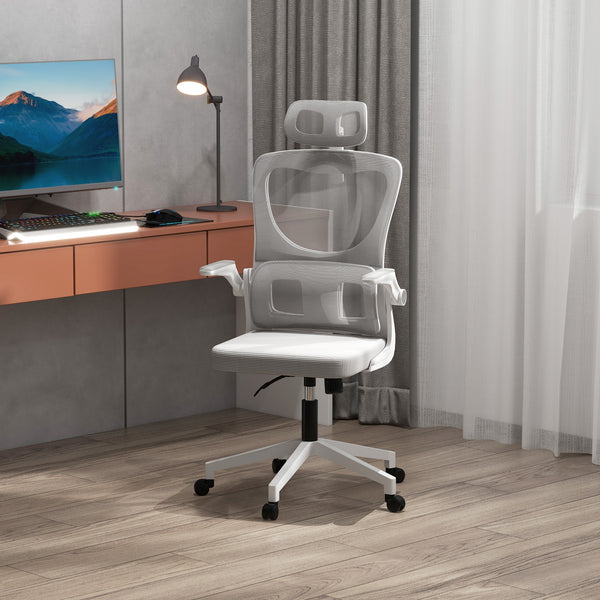 Ergonomic Office Chair with Auto-Adaptive Lumbar Support, High Back Desk Chair with Adjustable Headrest &amp; Height, Rotatable Arm, Rocking Function for Office, Gray