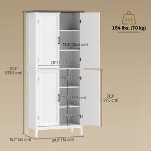 Armoire de rangement de cuisine style ferme moderne, avec 4 portes à chevrons et 4 étagères réglables, blanche.