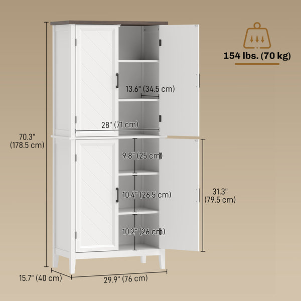Armoire de rangement de cuisine style ferme moderne, avec 4 portes à chevrons et 4 étagères réglables, blanche.