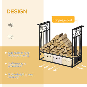 Support à bois de chauffage avec 4 outils pour foyer et base surélevée – Noir
