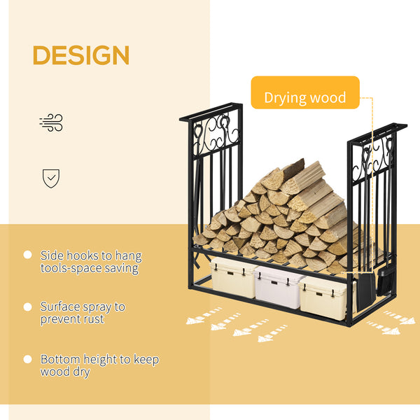 Support à bois de chauffage avec 4 outils pour foyer et base surélevée – Noir