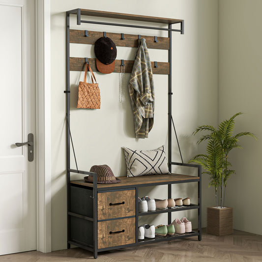 Meuble d'entrée 6 en 1 avec banc et rangement à chaussures, marron rustique