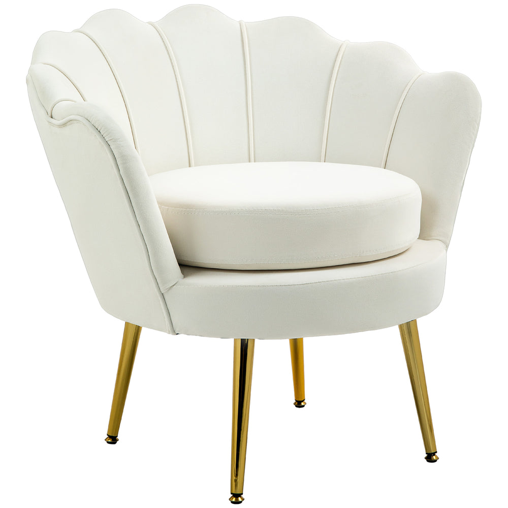Fauteuil d'appoint lotus en tissu velours avec pieds en métal doré, blanc crème