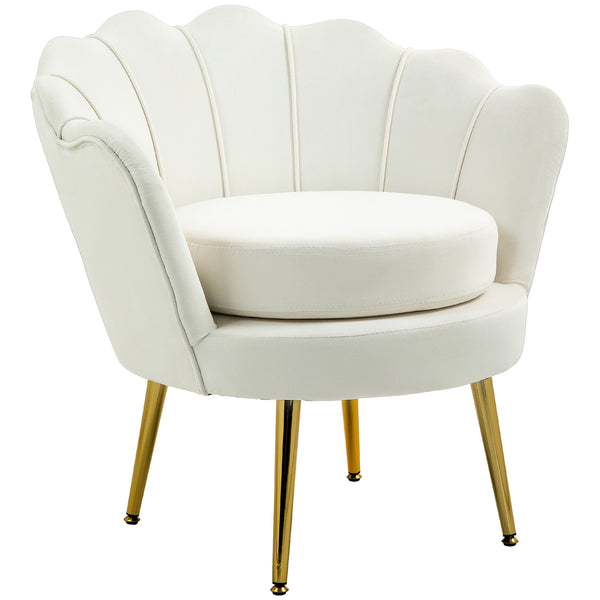 Fauteuil d'appoint lotus en tissu velours avec pieds en métal doré, blanc crème