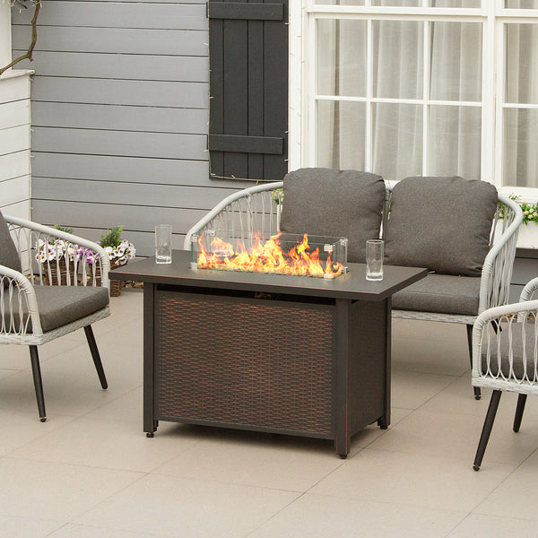 43" Outdoor Propane Gas Fire Pit Table, Wicker Patio Gas Firepit w/ Glass Wind Guard, 50,000 BTU CSA Certified Bronze