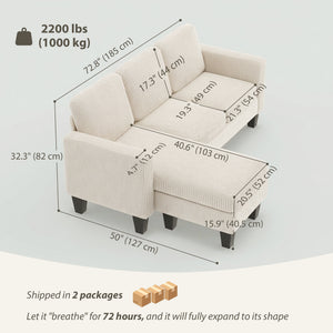 Sectional Sofa, L Shaped Couch, with Changeable Chaise or Ottoman, Cream White
