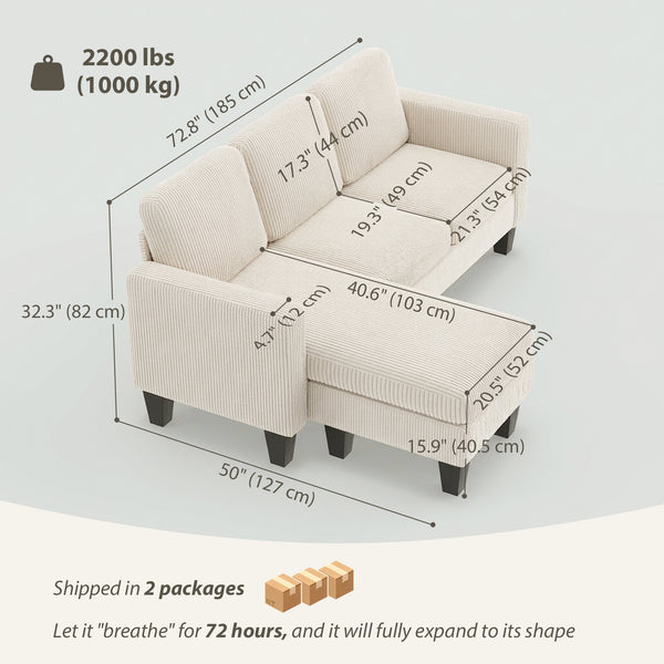 Sectional Sofa, L Shaped Couch, with Changeable Chaise or Ottoman, Cream White