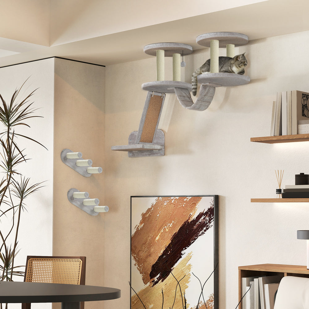 Étagères murales pour chat avec griffoir, perchoirs, marches et échelle, gris clair