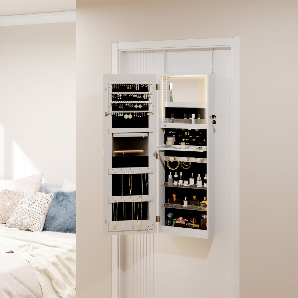Armoire à bijoux avec éclairage LED et miroir, fixation murale, blanche