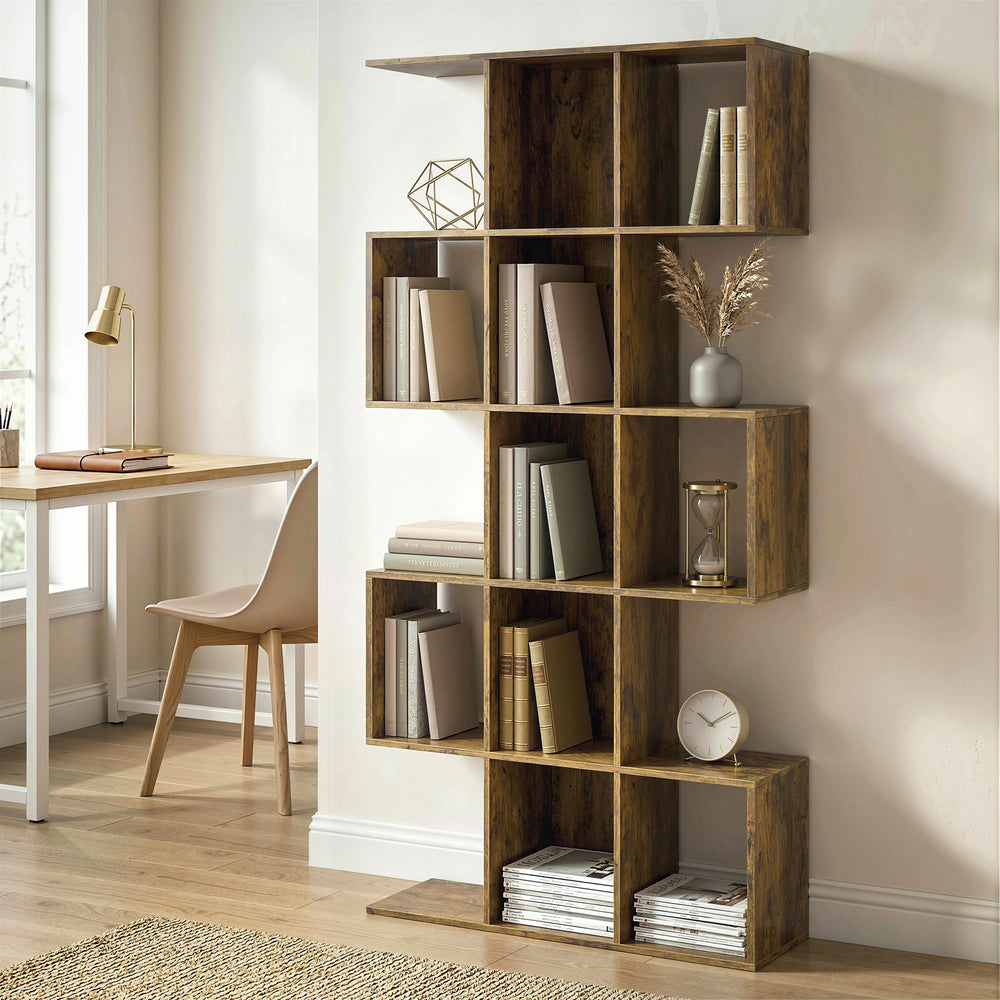 Bibliothèque à 5 niveaux géométrique en forme de S avec 15 compartiments, marron rustique