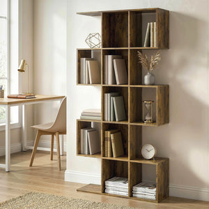 Bibliothèque à 5 niveaux géométrique en forme de S avec 15 compartiments, marron rustique