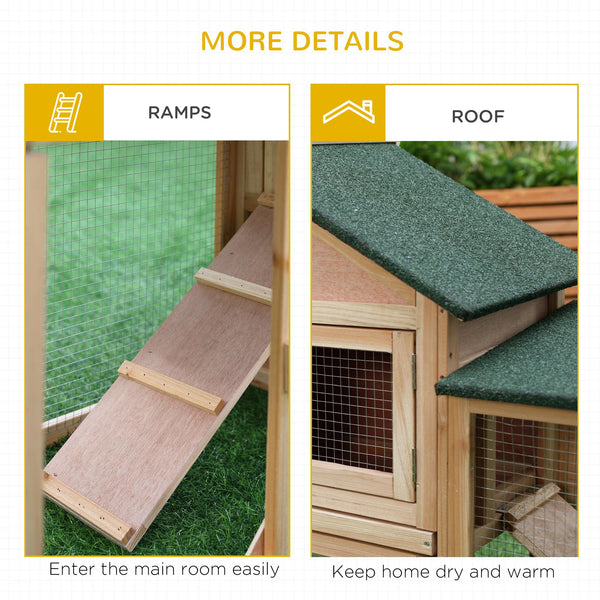 Large wooden hutch with double enclosure, pull-out tray and access ramps