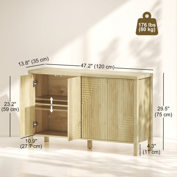 Buffet with fluted doors, push-to-open mechanism, 2 adjustable shelves and 4 doors, natural color