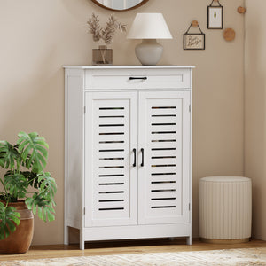 Meuble à chaussures avec portes persiennes, tiroir et étagères réglables, blanc