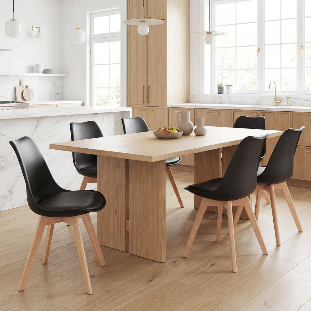 Ensemble de 6 chaises de salle à manger modernes en bois d'hévéa avec coussin en cuir PU - Noir