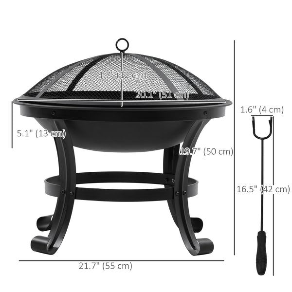 Brasero d'extérieur avec couvercle en maille, tisonnier, pour camping, feu de camp, pique-nique, noir