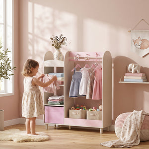 Qaba Kids Clothing Rack, Kids Wardrobe with Light-Up Mirror, Non-Woven Drawer and Shelves for Bedroom, Ages 3-8, Pink