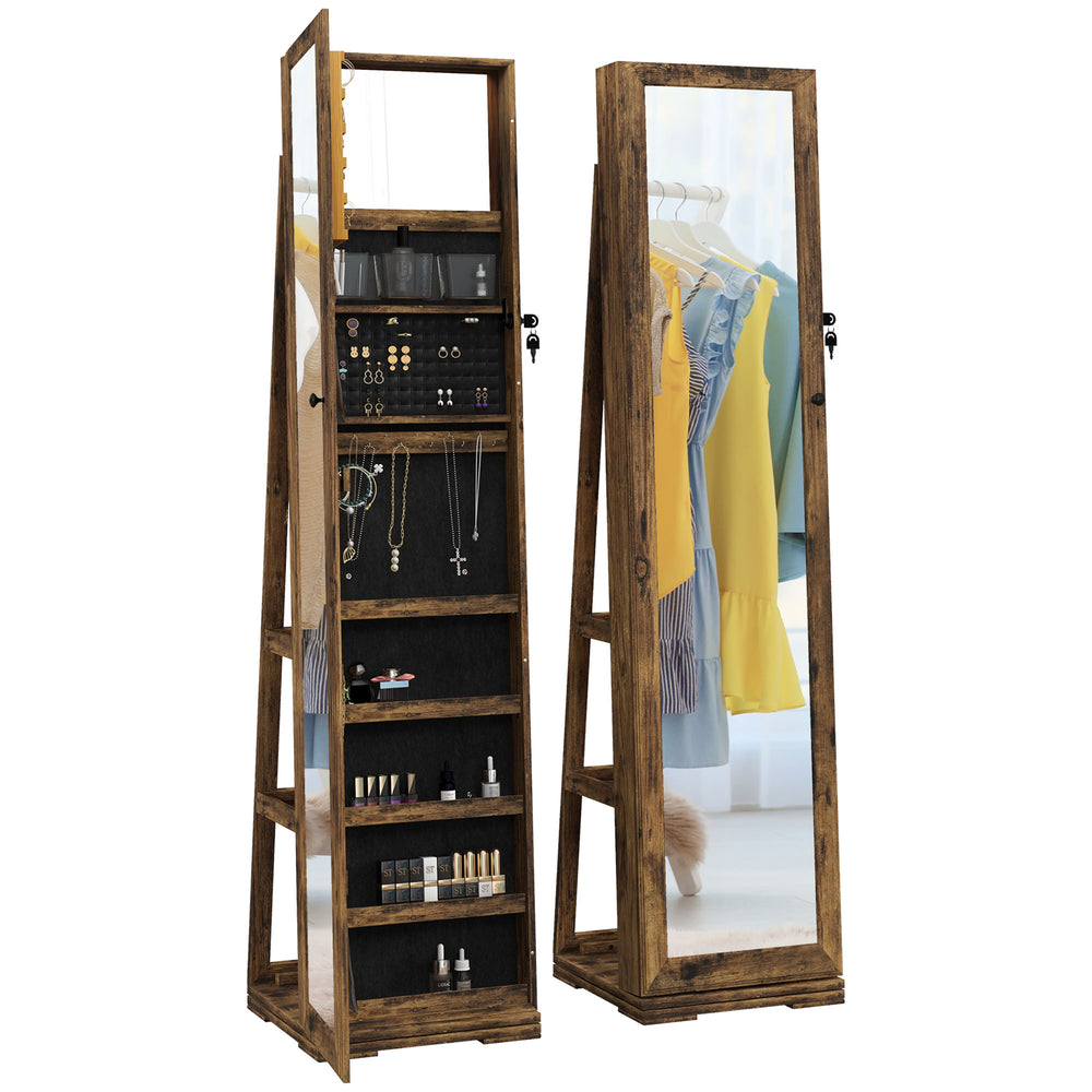 Armoire à bijoux pivotante à 360°, verrouillable, avec miroir intégré, brun rustique