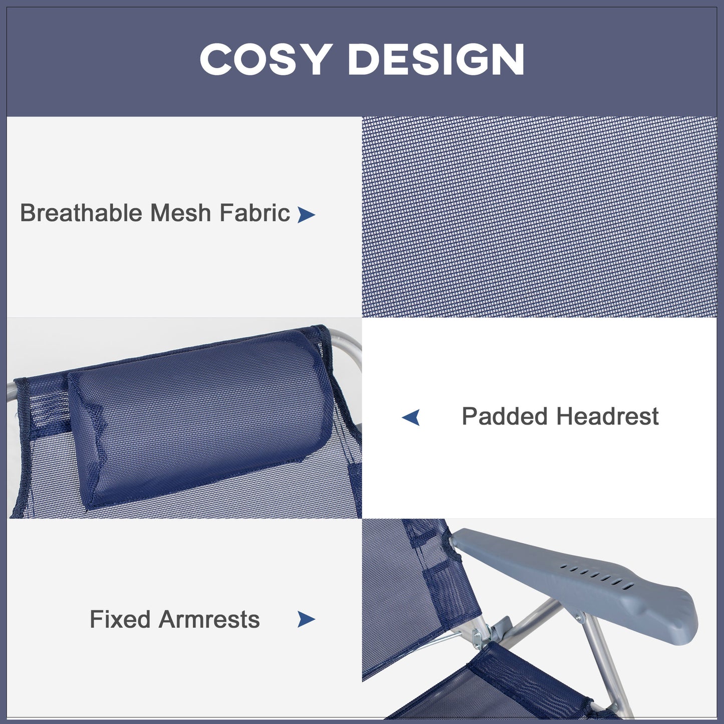Lot de 2 chaises de plage, chaises de camping avec dossier et appui-tête réglables, bleu foncé