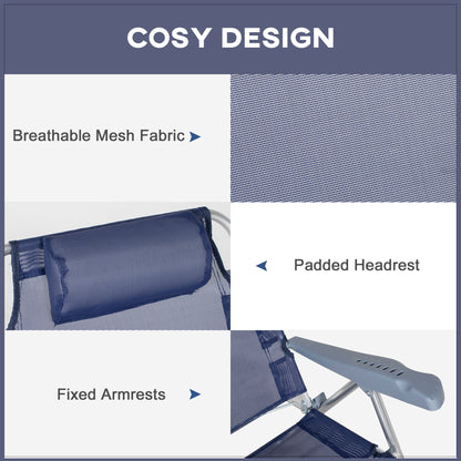 Lot de 2 chaises de plage, chaises de camping avec dossier et appui-tête réglables, bleu foncé