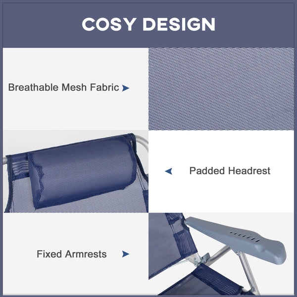 Lot de 2 chaises de plage, chaises de camping avec dossier et appui-tête réglables, bleu foncé