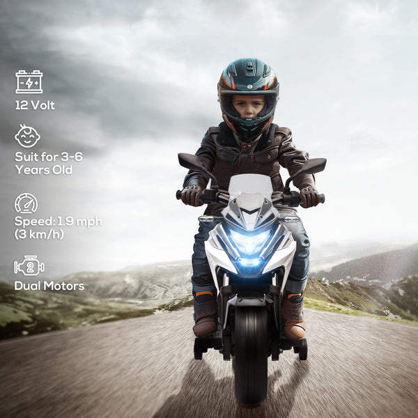 Honda 12V motorcycle with headlights and training wheels, white