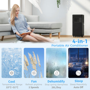 4-in-1 10,000 BTU Portable Air Conditioner with Cooling, Dehumidification, Fan, Sleep Mode, Wi-Fi Voice Remote Control, Black